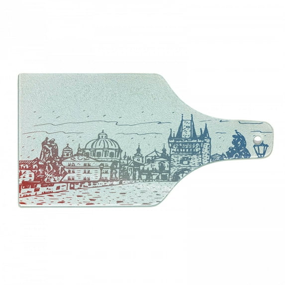 Prague Cutting Board, Charles Bridge View with Architecture Old European Buildings, Decorative Tempered Glass Cutting and Serving Board, in 3 Sizes, by Ambesonne