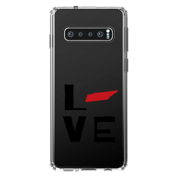 DistinctInk Clear Shockproof Hybrid Case for Samsung Galaxy S10 (6.1" Screen) - TPU Bumper Acrylic Back Tempered Glass Screen Protector - Tennessee - Love Black & Red