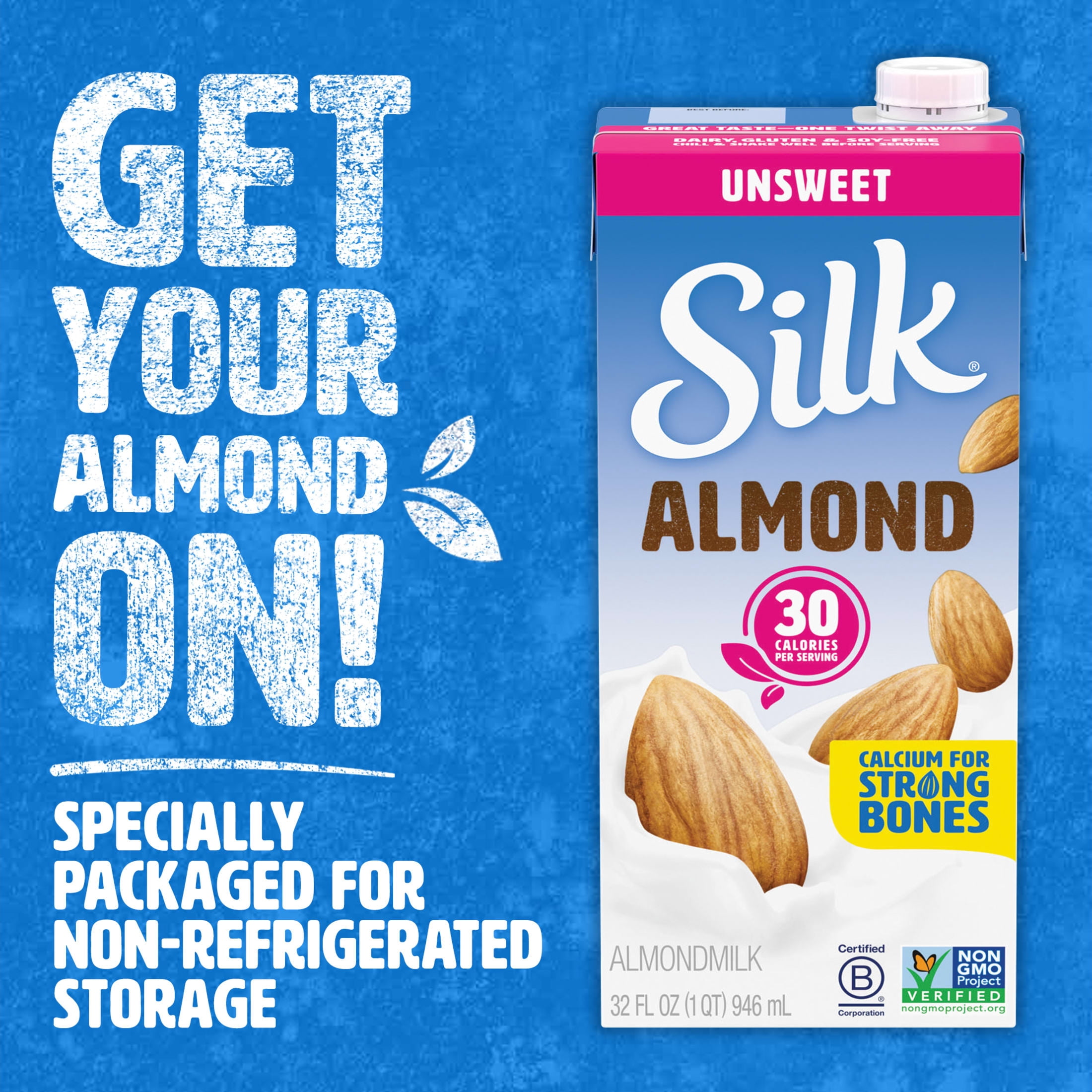 Silk Shelf Stable, Dairy Free, Lactose Free, Gluten Free, Unsweetened Almond Milk, 32 fl oz Quart, 6 Count
