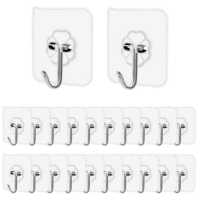 Ganchos adhesivos de pared de 15 lb (máx.), transparentes, reutilizables y sin marcas; resistentes al agua y al aceite; para baño y cocina; 20 paquetes