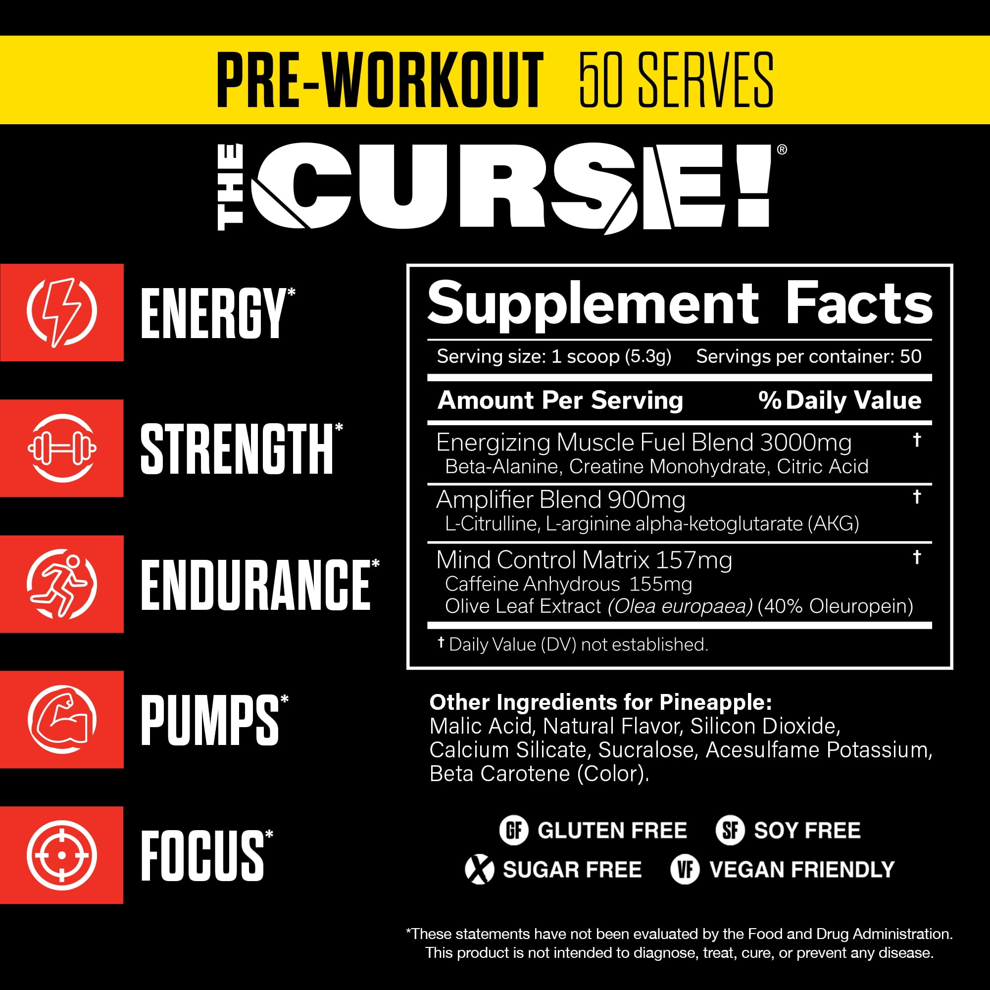 JNX Sports® The Curse Pre Workout Powder Pineapple Shred Pre Workout Mix for Energy and Focus, 50 Serves