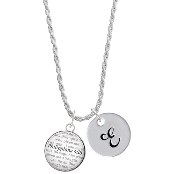 Delight Jewelry Silvertone Domed Philippians 4:13 Silvertone Script Initial Disc - E - Charm Necklace, 20"+3"