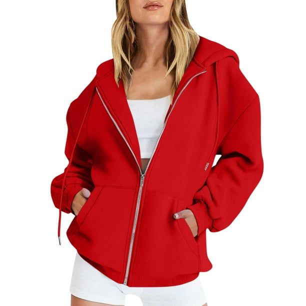 sudadera con capucha con cremallera de manga larga de color sólido de moda casual para mujer rojo / 2xl