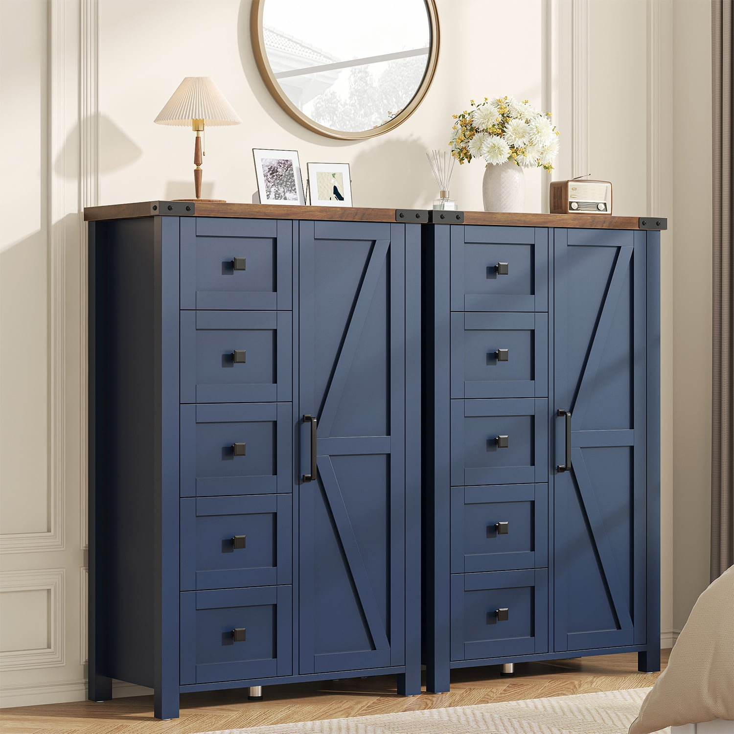 Winkalon 5 Drawers Dresser Chests for Home Bedroom, Farmhouse Wood Rustic Tall Chest of Drawers, Pull Storage Cabinet,Blue