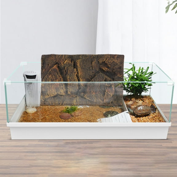 OFFIGAM Aquatic Turtle Tank with Dark Brown 3D PU Background Board, Turtle Habitat Accessory Set
