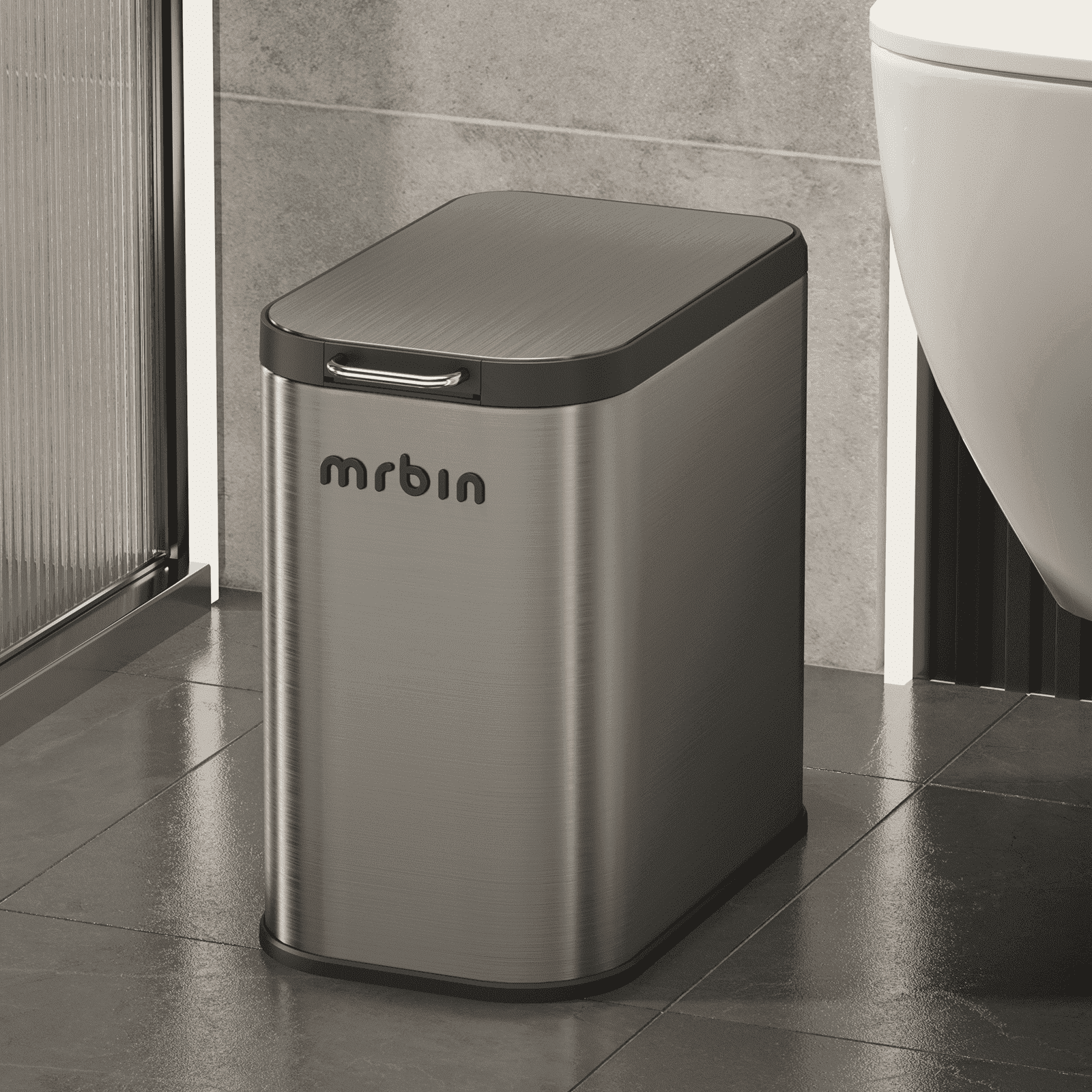 Mrbin Stainless Steel Bathroom Trash Can with Press Top Lid, 9L / 2.4gal Small Slim Metal Toilet Waste Basket for Narrow Bedroom, Kitchen, Vanity, Eclipse-Grey