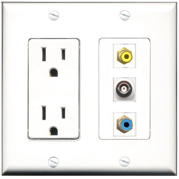 RiteAV - 15 Amp Power Outlet 1 Port RCA Yellow 1 Port RCA Blue 1 Port BNC Decorative Wall Plate