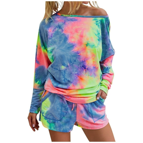 Babysbule Women Shorts Women's Tie-Dye Print Long Sleeve O-Collar Pullover Leisure Tops Shorts Set