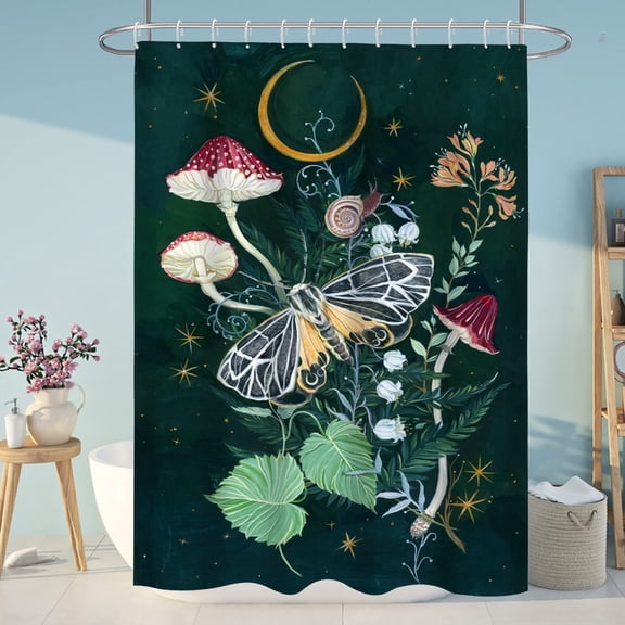 120cm*180cm Forest Plant Moth Shower Curtain Dark Green Starry Sky Night Sky Spring Natural Flower Plant Mushroom Modern Abstract Curtain