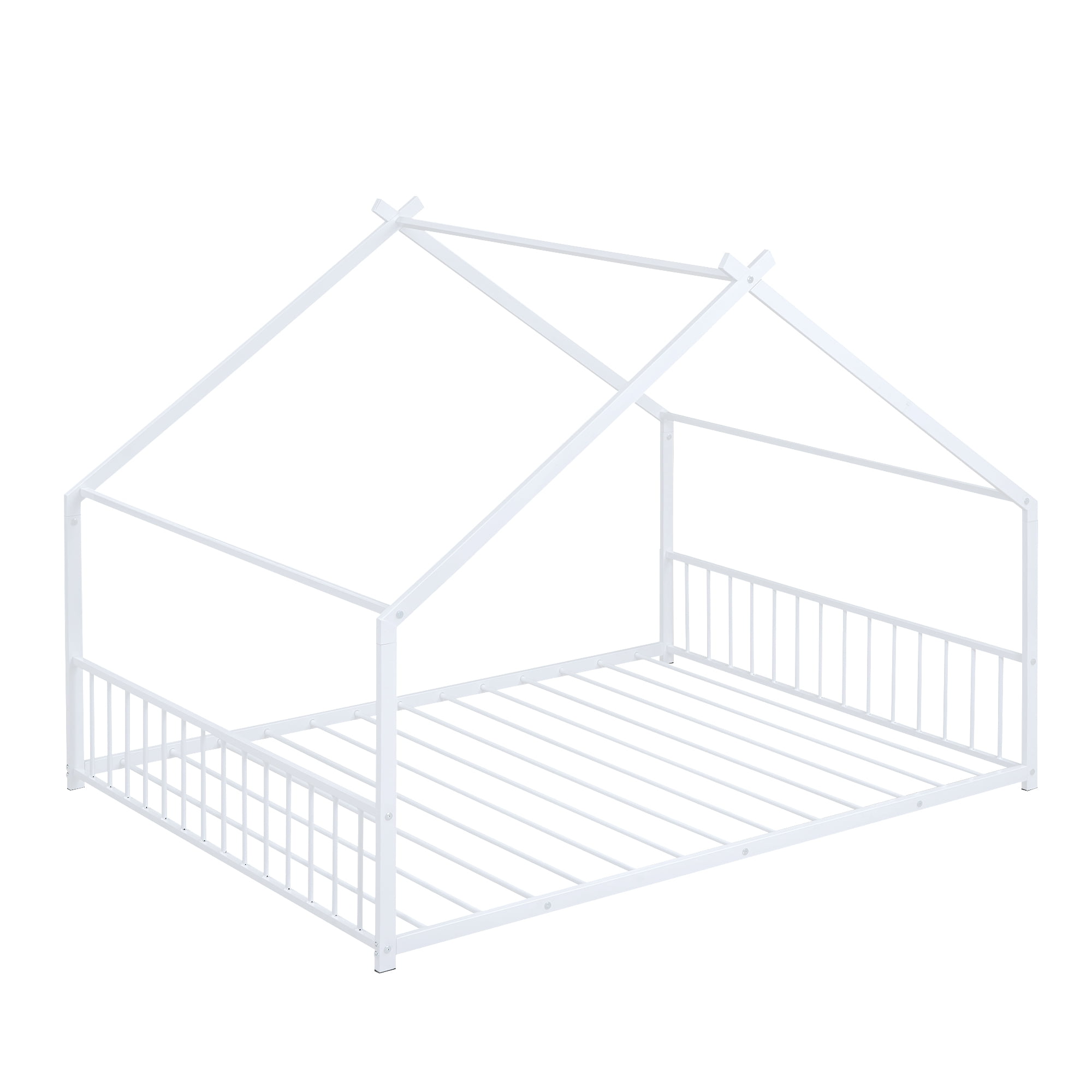 Gewnee Full Size House Bed with Roof and Fence,Metal Montessori Platform Bed for Toddle and Kids,White