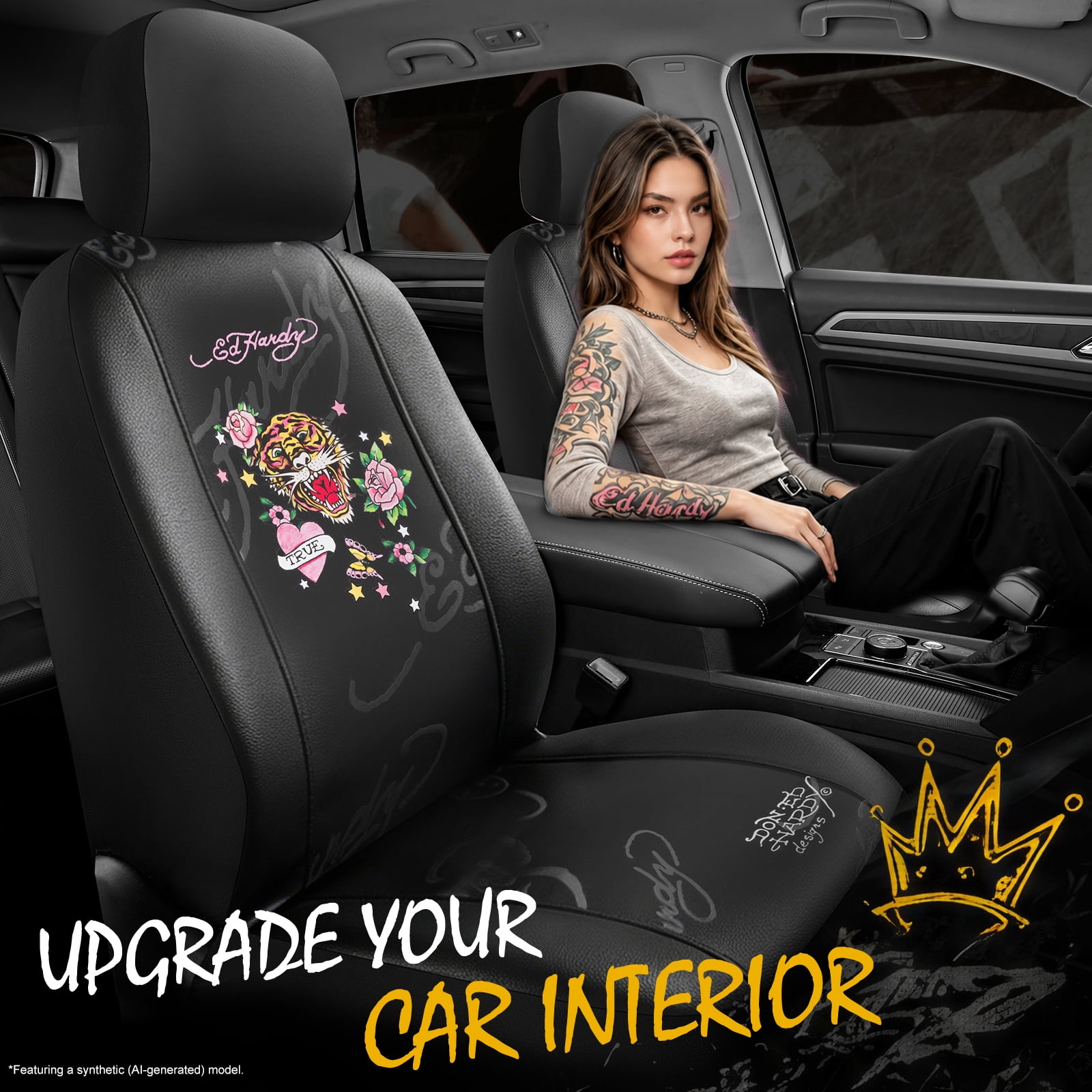 Ed Hardy Car Seat Covers,Pink Heart Floral Tiger Graphic Front Seat Covers, Fashion Seat Cover Set, Stylish Anti-Slip Universal Fit for Cars SUVs Trucks