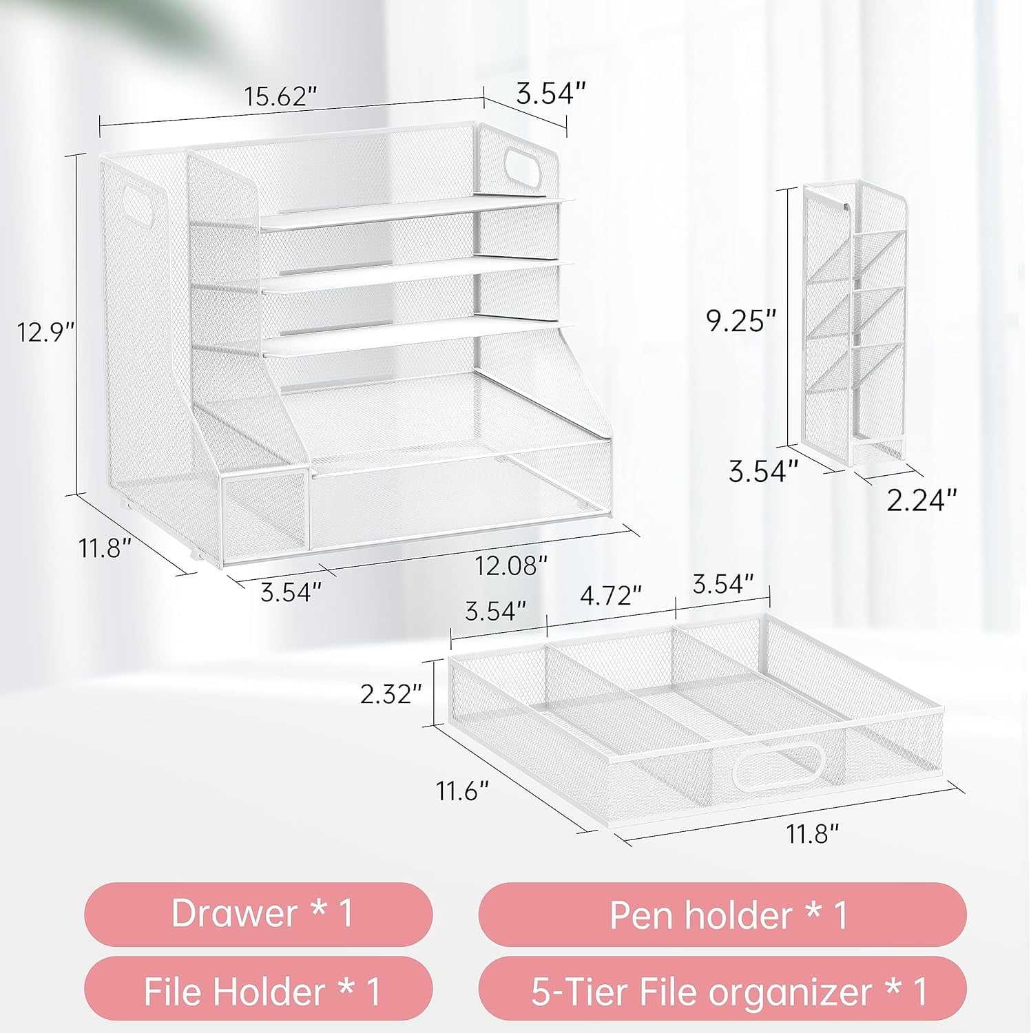 INTIGE Metal 5-Tier Desk Organizer with File Holder, Pen Holder and Drawer, File Paper Organizer,  White