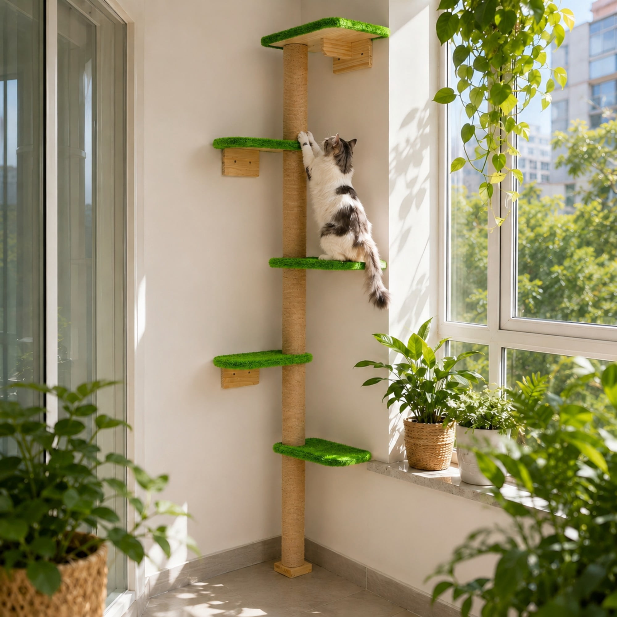 Peluomoz Green Adjustable Floor to Ceiling Cat Tree with 5 Plush Platforms, 83 in