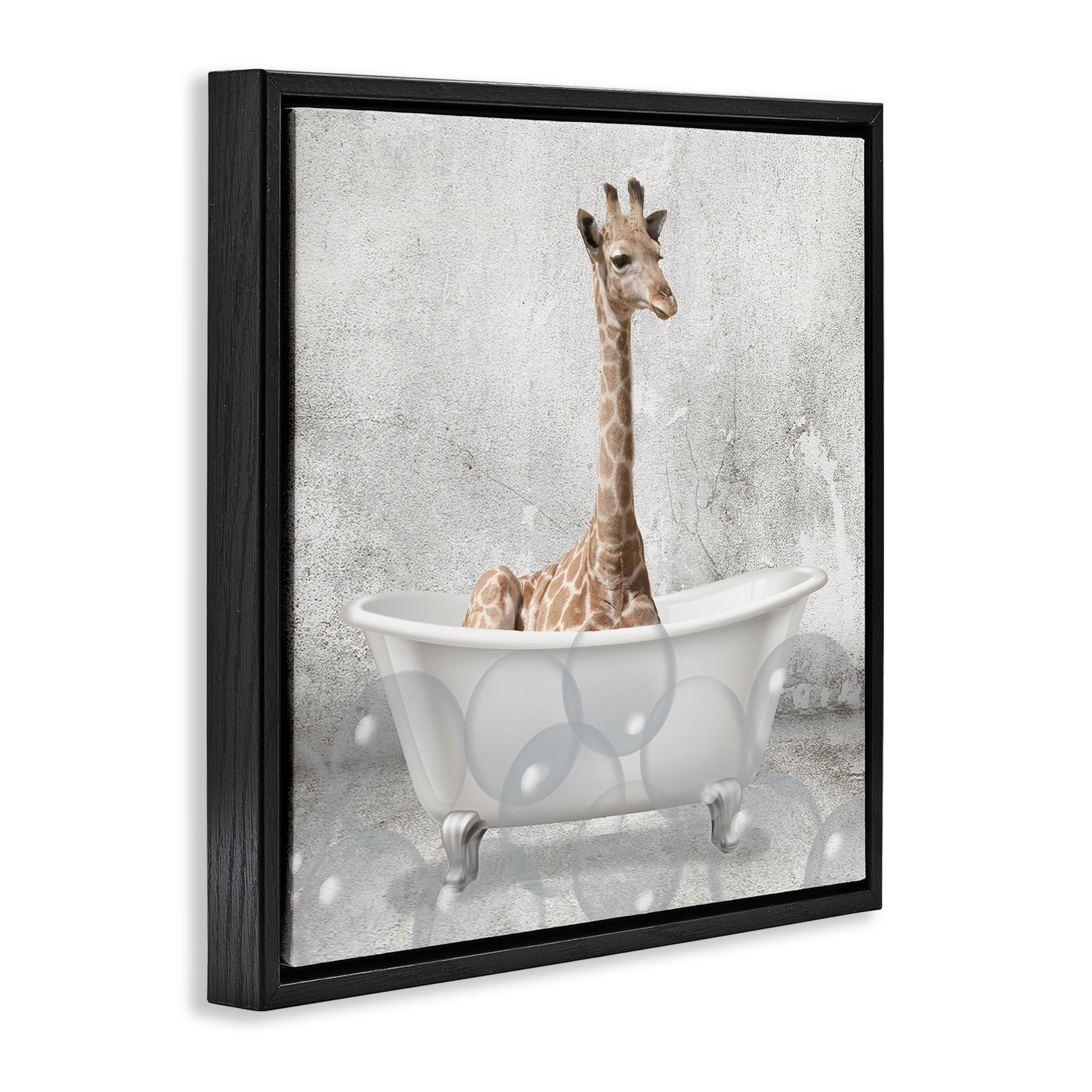 Stupell Industries Baby Giraffe Bath Time Animals & Insects Painting Black Floater Framed Canvas Art Print Wall Art, 25 x 25