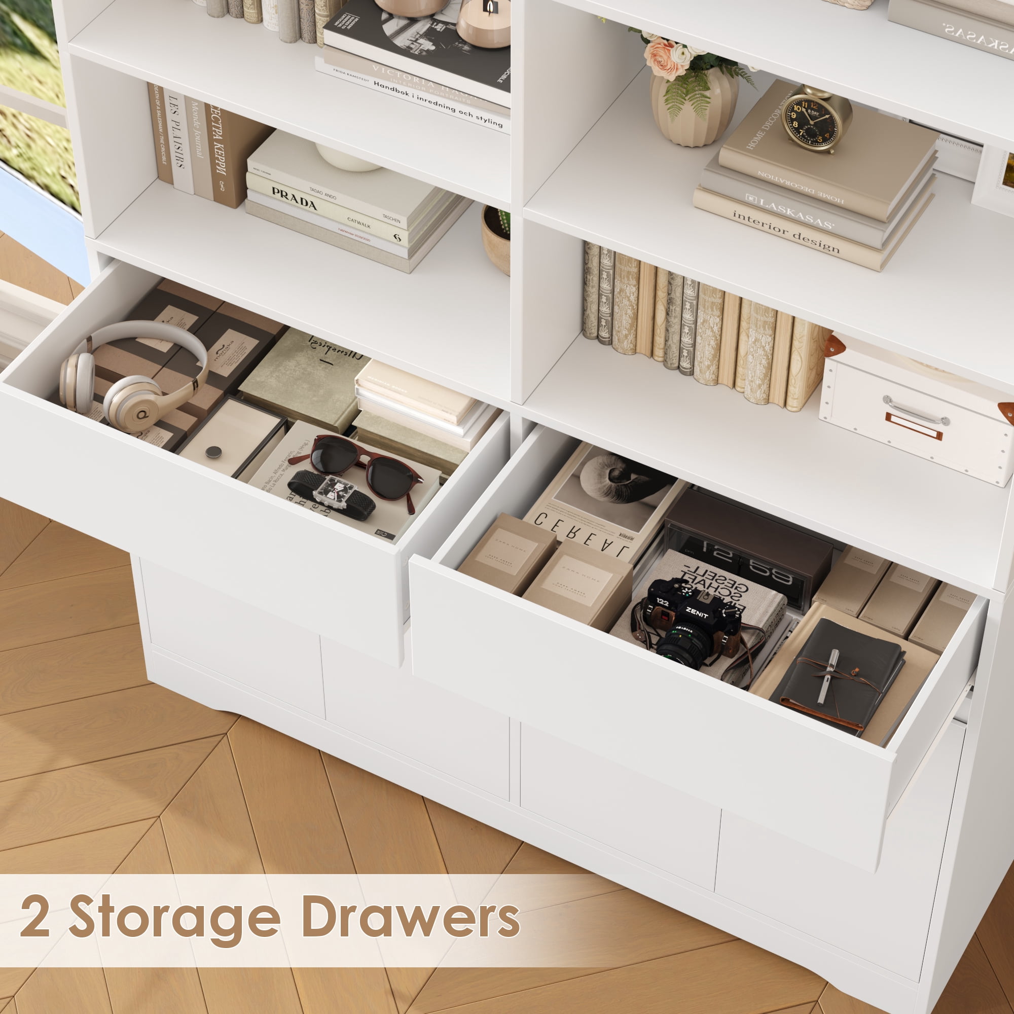 Hiphuta 69"H Modern Bookcases with Doors & Drawers, Large Wooden Display Shelf for Home Office, Wooden Storage Bookshelf for Living Room, White