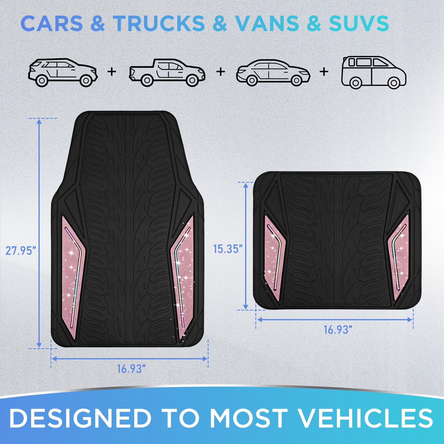 Road Comforts Glitter Car Floor Mats, Glitter Rubber Floor Mats Full Set,Shiny Sparkle Design, Universal Fit, Easy to Clean, Anti-Slip Protection Pink
