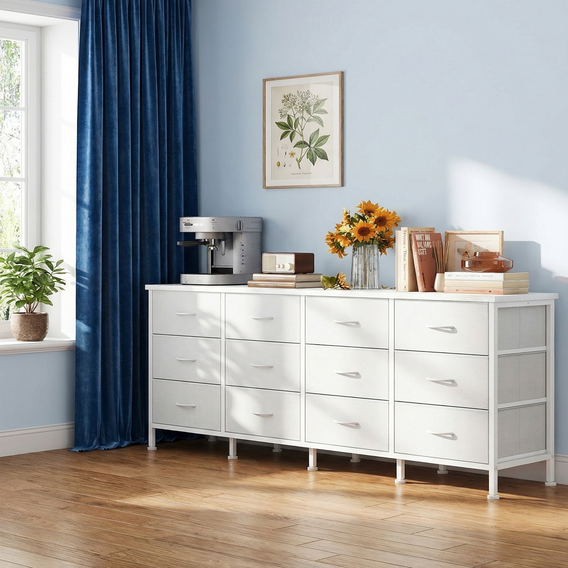CONCETTA 12 Drawer Storage TV Dresser, Metal Frames Resist Deformation, Adjustable Feet Prevent Tipping, Accommodates TV Up to 80 inch, Suitable for Living Room, White