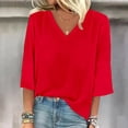thumbnail image 4 of T-Shirt à Manches Courtes pour Femmes Liquidation T-Shirt Mélangé pour Femmes T-Shirt Uni Mode Décontractée Col en V Hauts à Manches Trois Quarts pour Femmes, 4 of 4