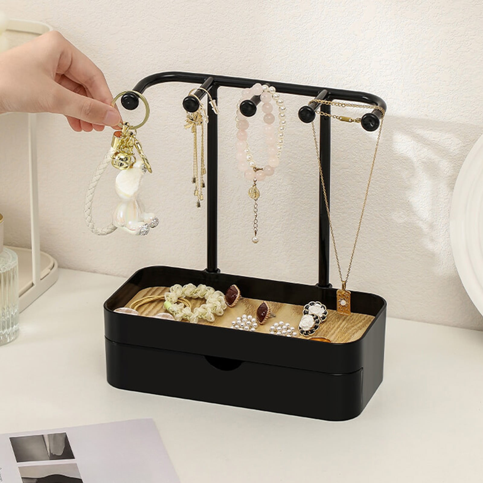 Desktop Jewelry Organizer Rack with Tray Necklace Earring Bracelet Storage Stand with Anti Slip Hooks Decorative Accessory Display Holder for Vanity Table and Bedroom