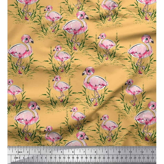 Soimoi Orange Cotton Jersey Fabric Grass & Flamingo Bird Print Fabric by Yard 58 Inch Wide