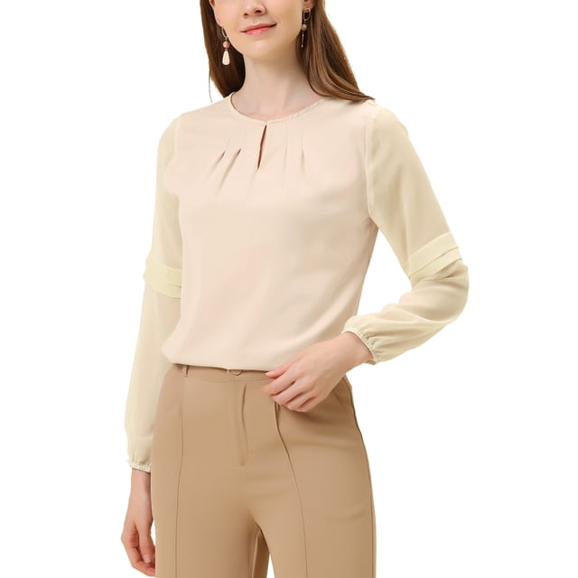 INSPIRAR CHIC Blusa de gasa para mujer con cuello de ojal, manga de patchwork, elegante top de trabajo XL color albaricoque