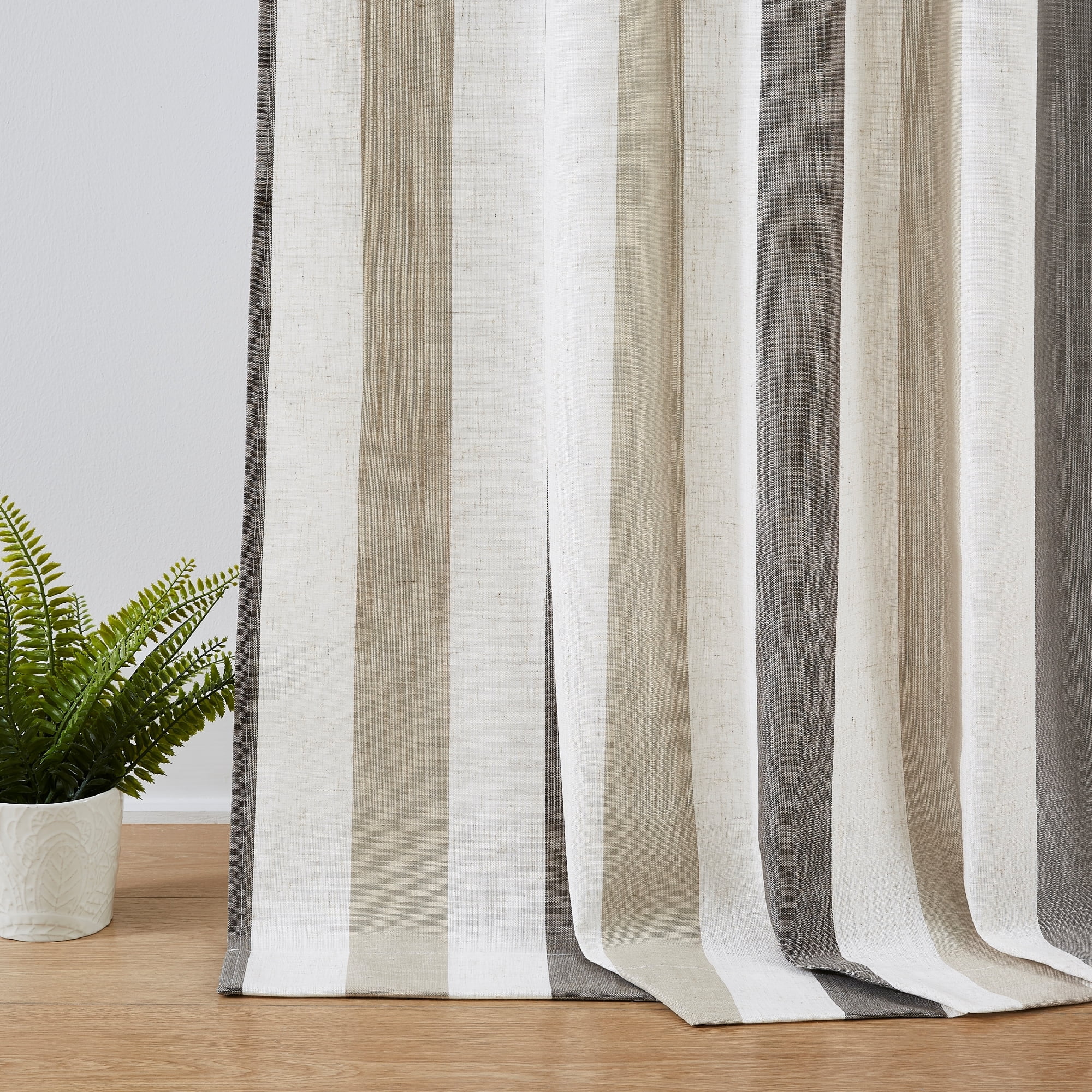 Flowpartex Linen Stripe Curtains 84 Inches Long Tan Charcoal Farmhouse Window Curtain Panels Light Filtering Room Darkening Printed Drapes for Bedroom, Rod Pocket Back Tab, 2 Panels
