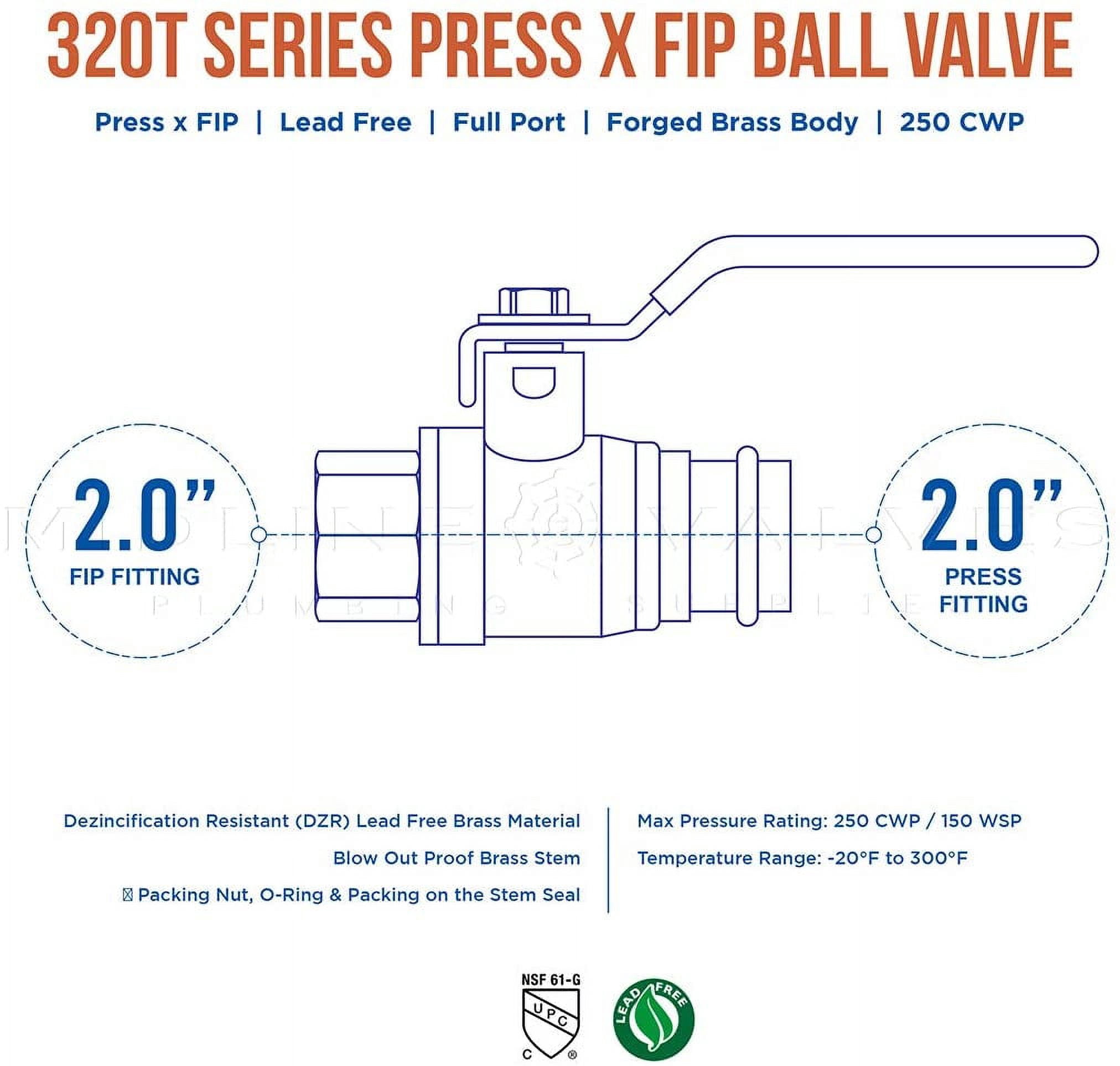 Midline Valve 542002VLVF-5 Premium Adapter Ball Valve, with 2 in. Press x FIP Connections, Brass (Pack of 5)
