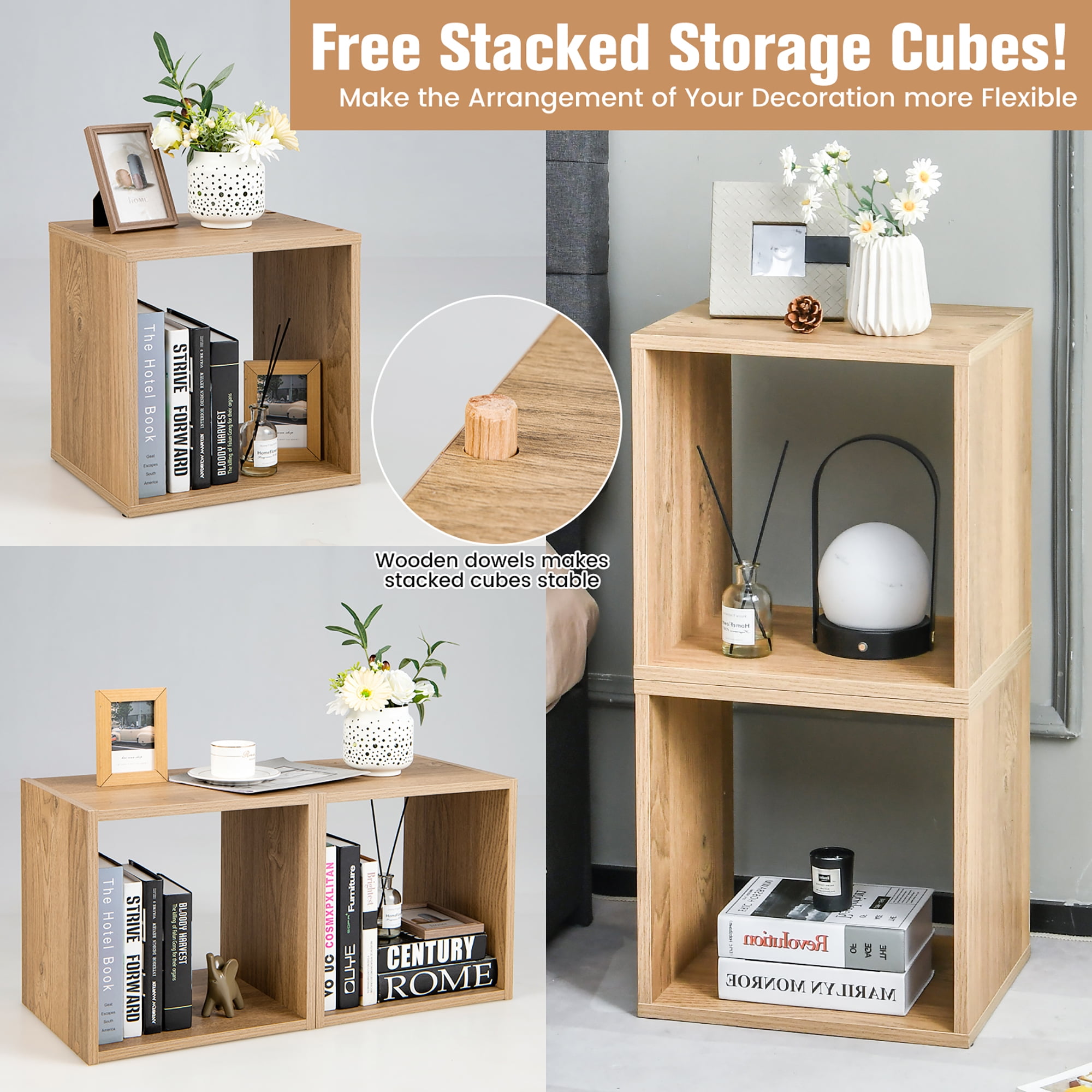 Costway 2 PCS Wood Stackable Storage Cube 2-tier Narrow Bookshelf Vinyl Record Organizer Natural