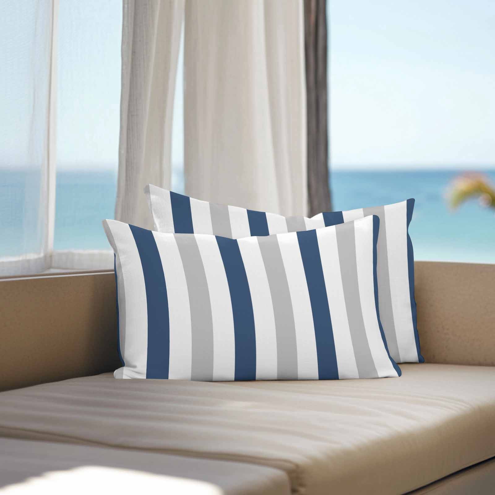 Outdoor Throw Pillows Covers 12X20 Set of 2 Waterproof Striped Decorative Zippered Cushion Covers for Patio Furniture, Navy Blue Gray White Lumbar Pillowcases