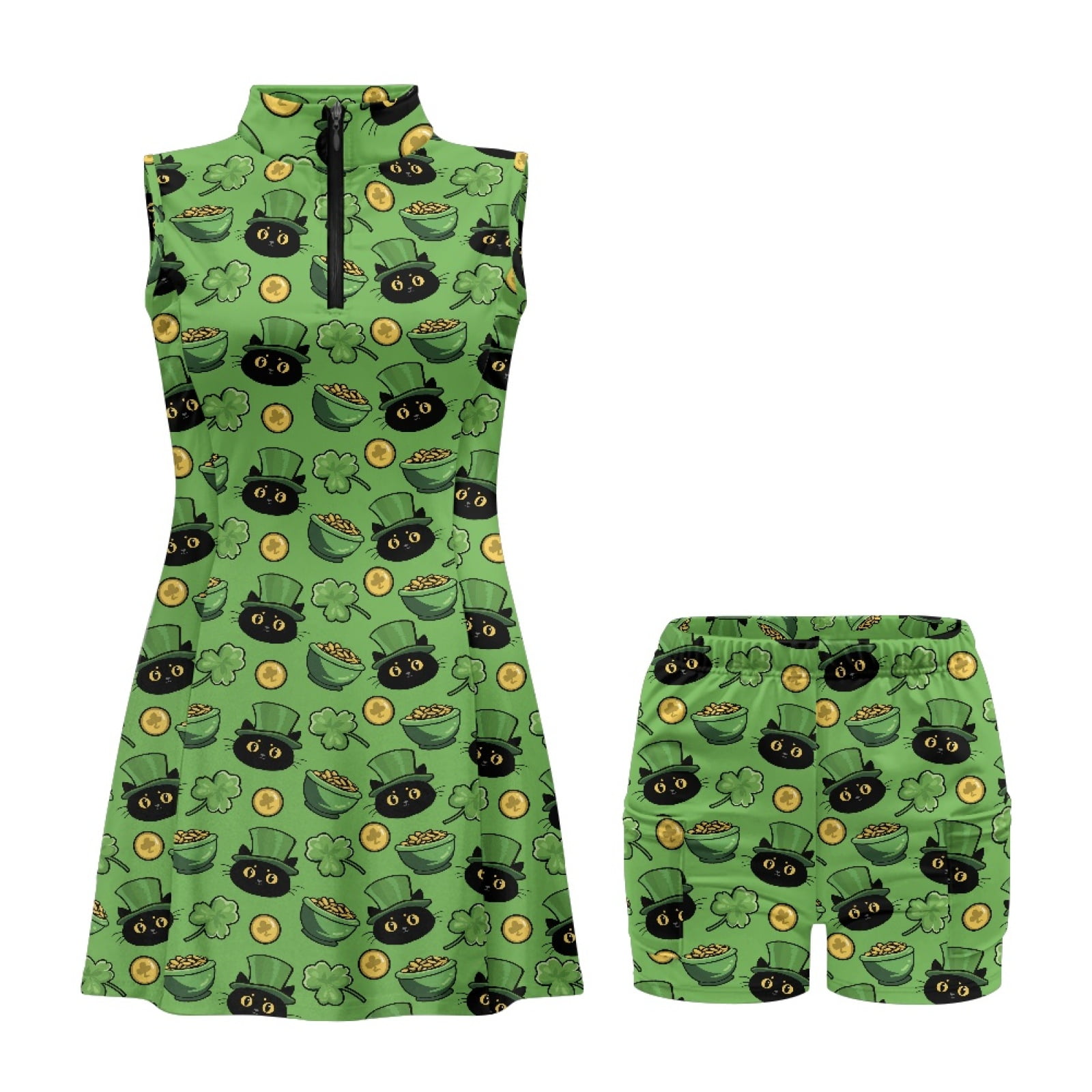 COEQINE Black Cat Hat Shamrock Gold Coin Print Golf Dresses for Women Sleeveless Stand Collar Athletic Dresses for St. Patrick's Day Zip Up 2 Pieces Tennis Outfits with Shorts 2 Pockets, XS