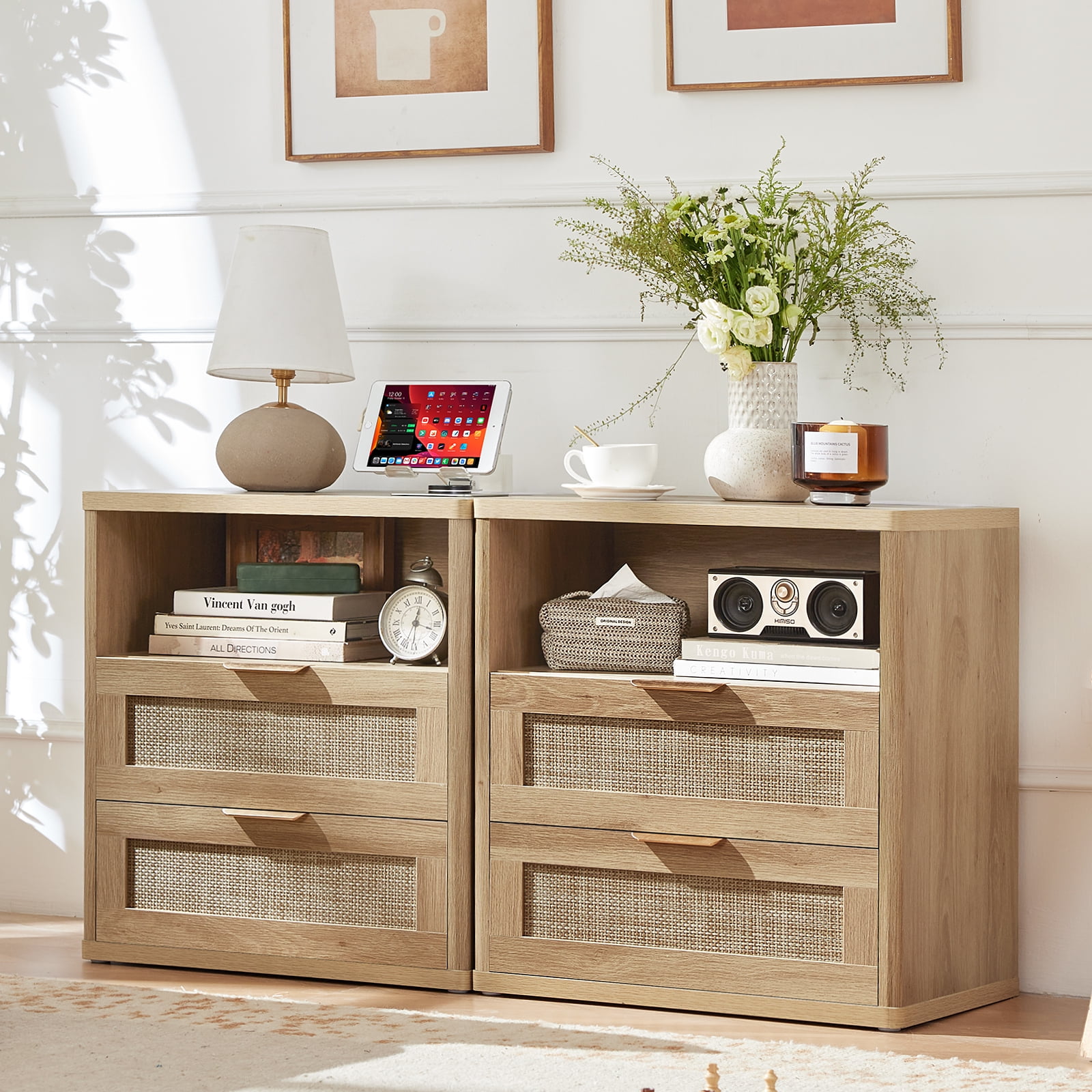 Rattan Nightstand Set of 2, Farmhouse Bedside Tables Night Stands with 2 Drawer and a Storage Shelf, Boho Side Tables for Living Room,Bedroom, Natural Wood