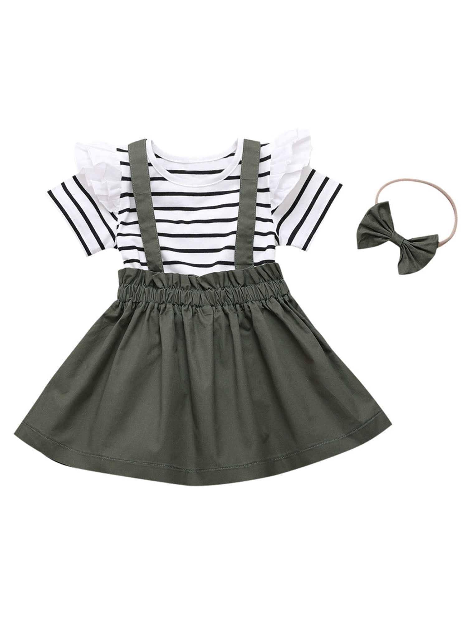 2Pcs Set Newborn Baby Girl Outift Ruffle Sleeve White T-Shirt Tops+Suspender Pleated Skirt Overalls Clothes 