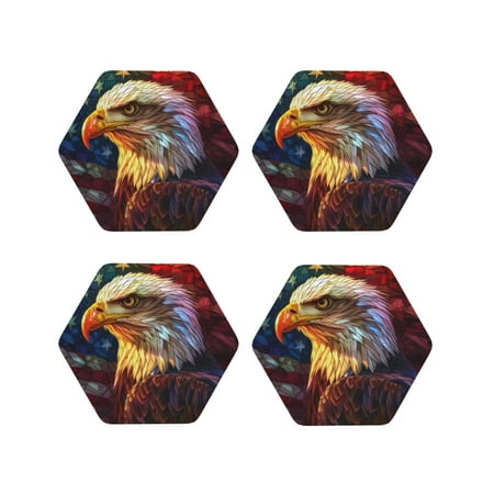 

Fuzoiu Geometric American Bald Eagle Print Leather Coasters Set Drink Coasters Set of 4 for Tabletop Protection Durable PVC Coasters Home Décor and Housewarming Gift-Hexagon