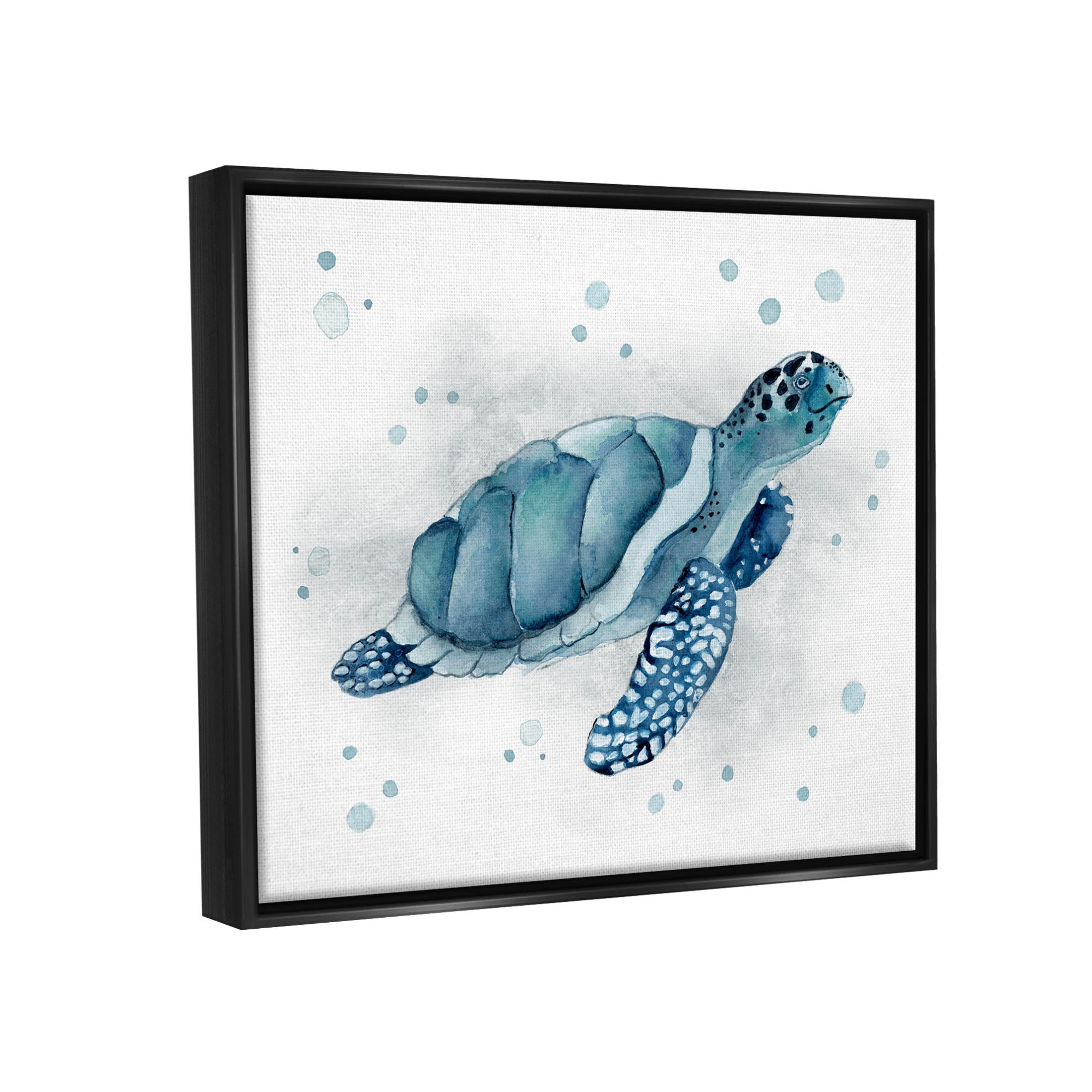 Stupell Industries Blue Happy Turtle Bubbles Graphic Art Jet Black Floating Framed Canvas Print Wall Art, Design by Janet Tava