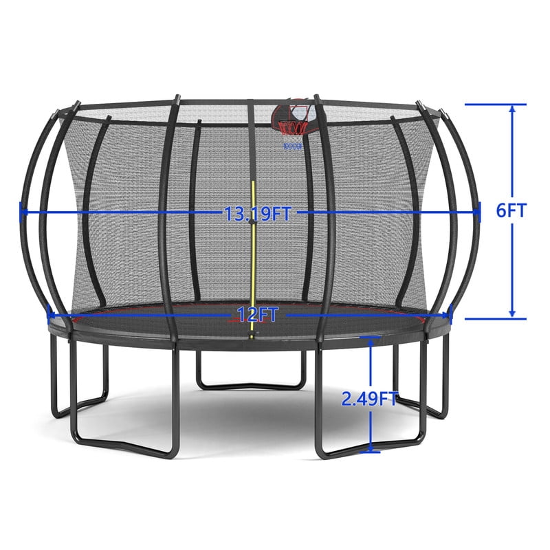 12FT Round Trampoline with Safety Enclosure, Basketball Hoop & Ladder, Galvanized Steel Frame, Outdoor Backyard Trampoline for Kids, Black