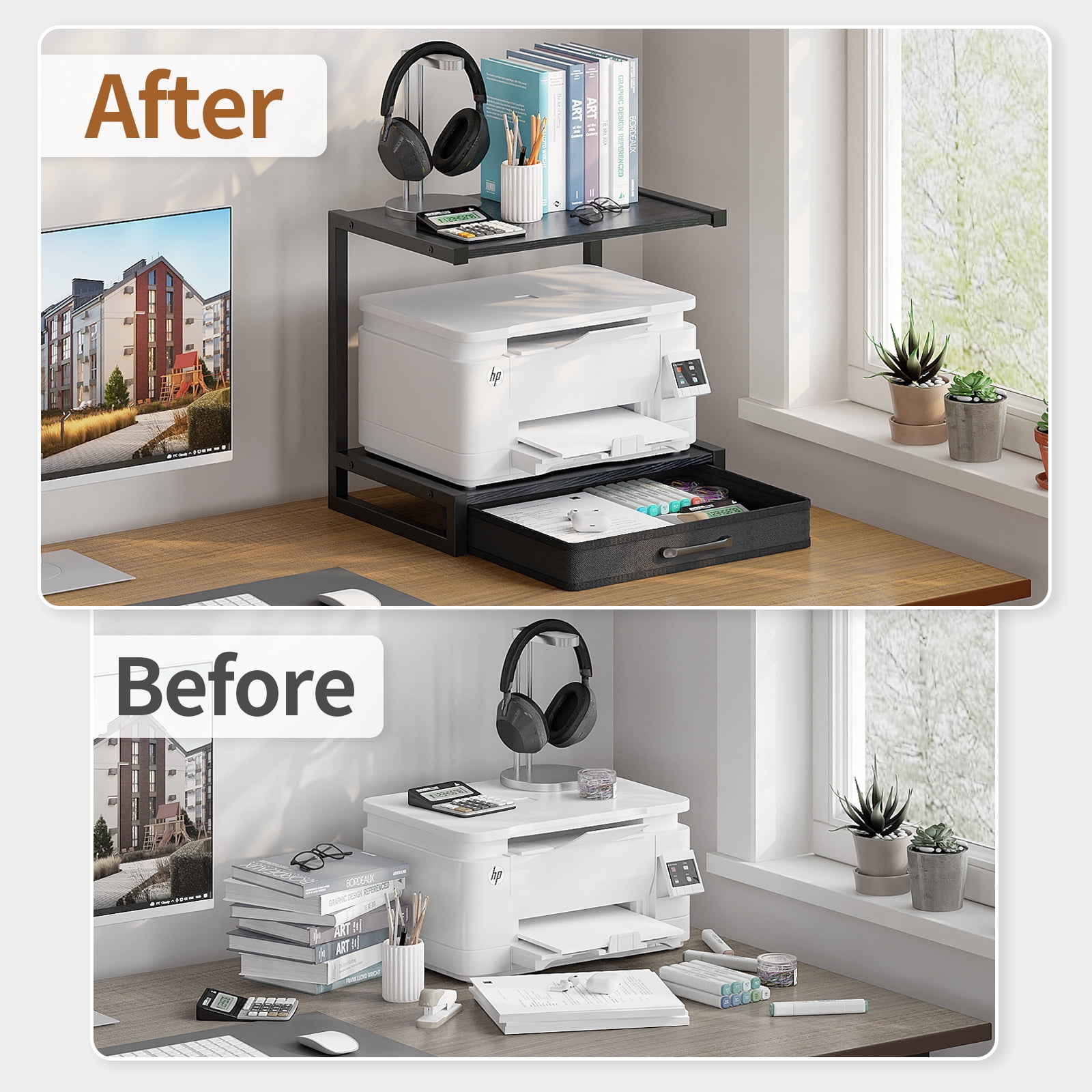 MIN EN WIN 2-Tier Monitor Stand Riser with Fabric Drawer, Sturdy Desk Organizer for Adult Home Office