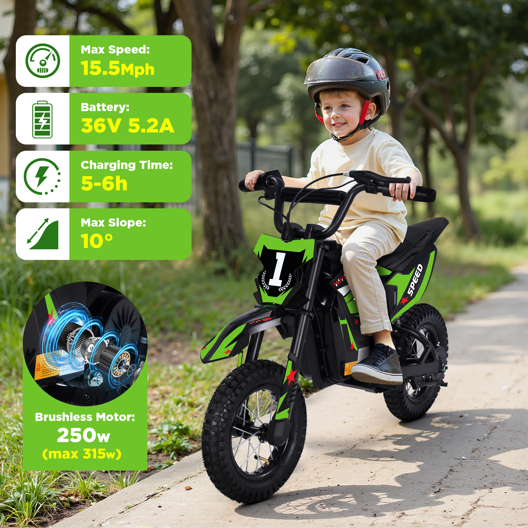 Wisairt 36V Kids Electric Dirt Bike, 15.5 mph High-Speed Electric Motorcycle Ride on Dirt Bike for Kids Aged 5-10, 133 lbs Max Load, 10-mile Range, Waterproof Seat, Twist Grip Throttle, Green