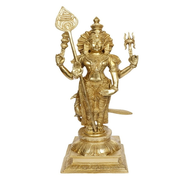 Brass World Lord Murugan Kartikeya Murugana Kumaraswamy Karthikeya Big Brass Standing Idol with Peacock Swaminatha Skanda Murti Swami Ji Subrahmanya Swamy Height 18 Inch