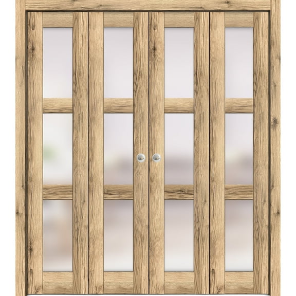 Sliding Closet Double Bi-fold Doors 72 x 84 inches | Lucia 2552 Oak | Sturdy Tracks Moldings Trims Hardware Set | Wood Solid Bedroom Wardrobe Doors
