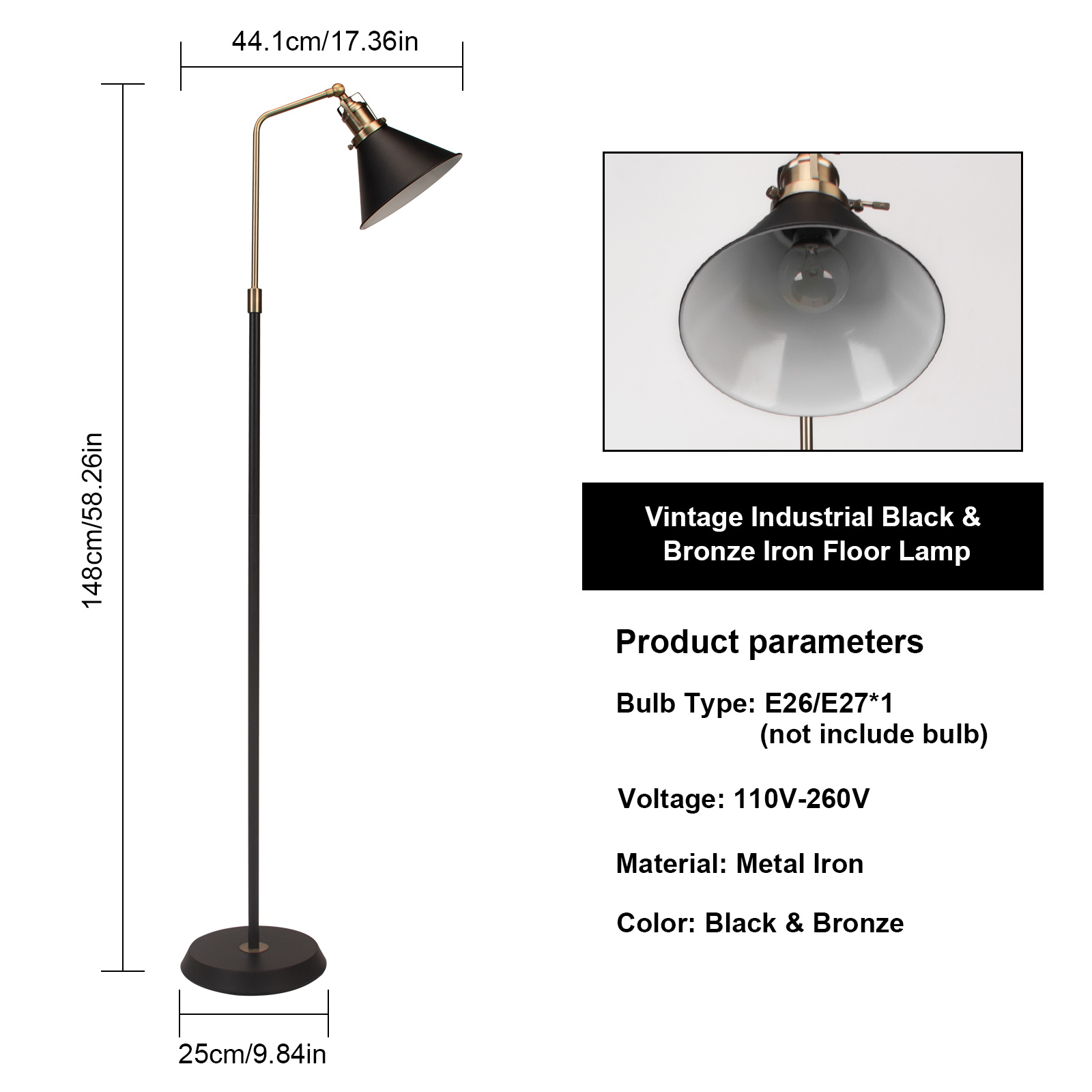 HonoDing 58" Rustic Rotatable Floor Lamp, Vintage Metal Design, Black Standing Lamp for Living Room, Bedroom