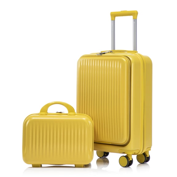 imerelez 14"/20" 2 pcs/set in ABS Spinner Wheel Luggage, with Combination Lock and Front Opening Design, 14" Cosmetic Case (Yellow)