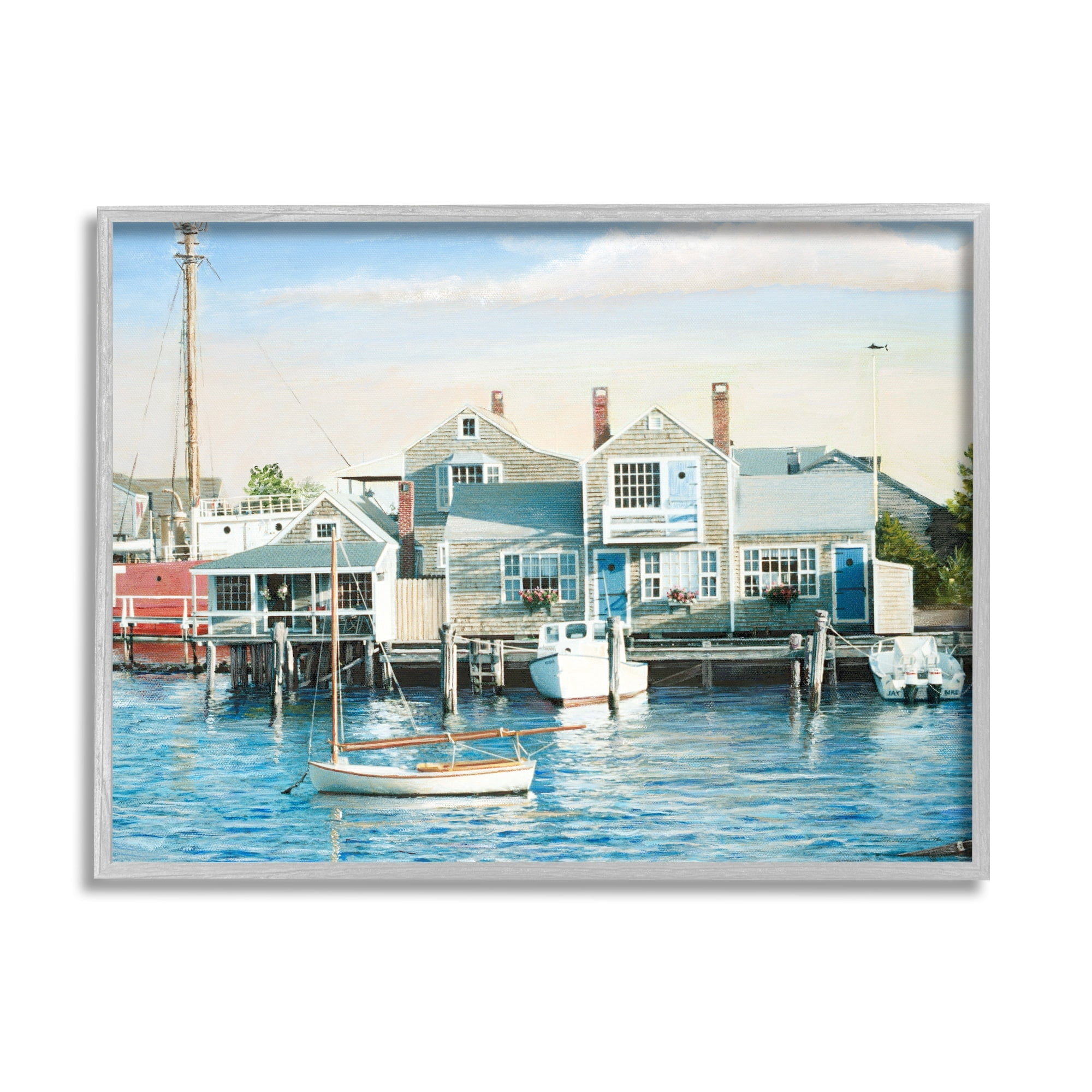 Stupell Industries Relaxing Boats Floating Harbor Marina Ocean Town Photograph Gray Framed Art Print Wall Art, Design by Tom Mielko