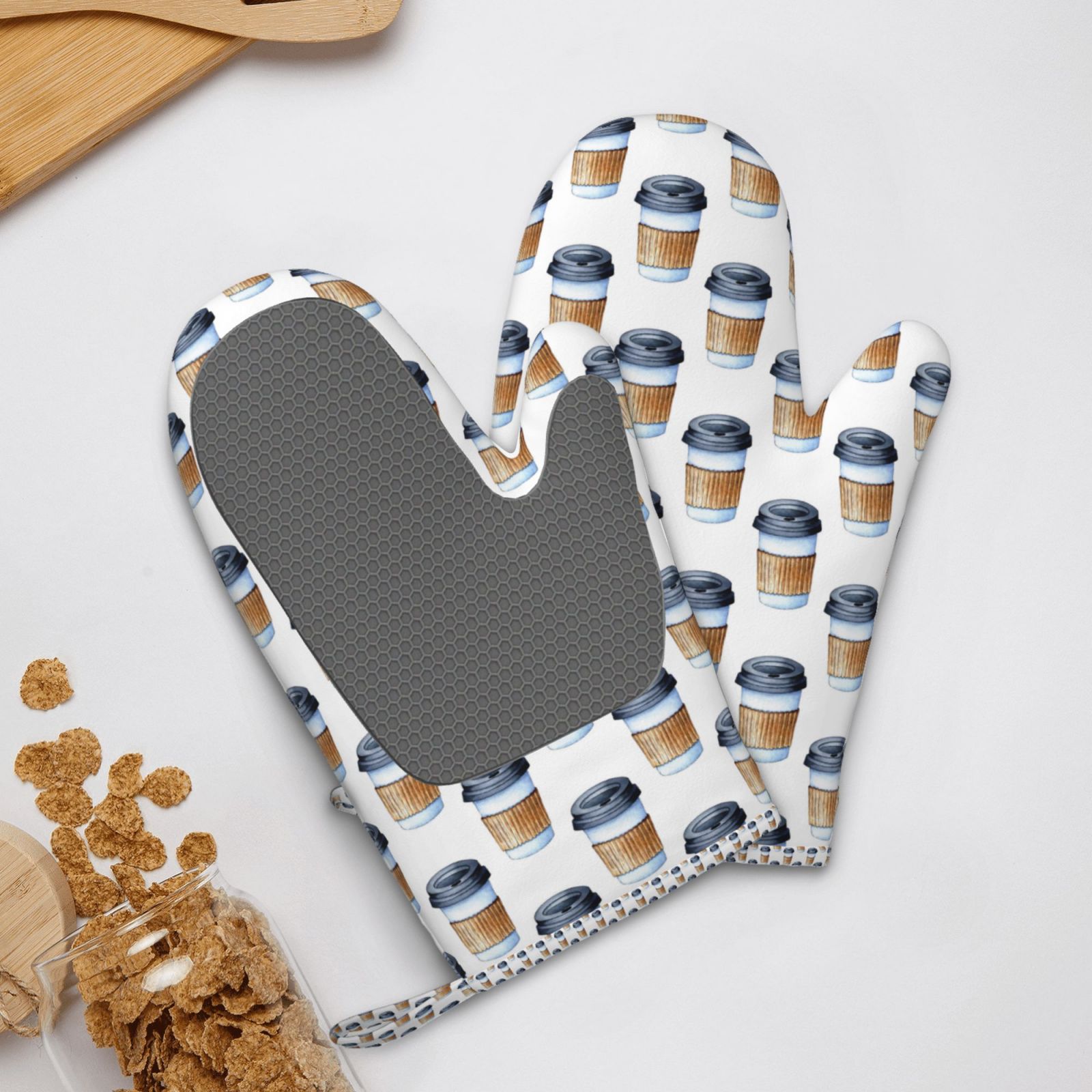 Hirioo Coffee To Go Pattern for Silicone Oven Mitts for BBQ, Baking, Cooking, Set of 2, Heat Resistant 260℃, Non-Slip Kitchen Essentials