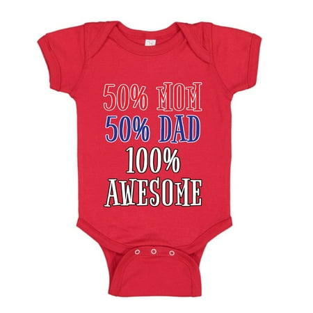 

Wild Bobby 50% Mom 50% Dad 100% Awesome Humor Baby Creeper Boys Girls Infant Bodysuit Red 6M