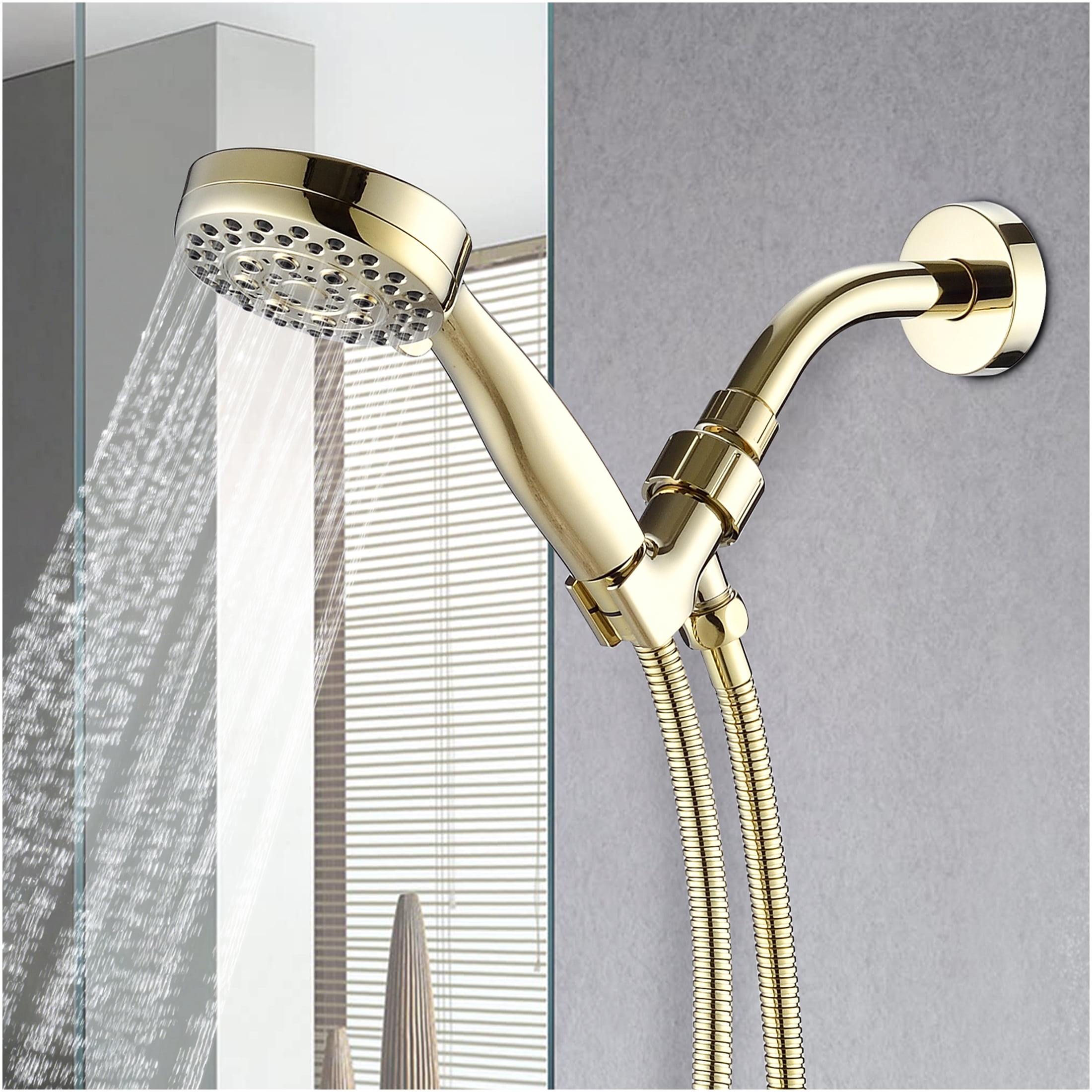 JERFIT 5-Spray Polished Gold High Pressure Handheld Shower Head with Hose, Wall Mount ABS Showerhead for Powerful Rain Relaxation