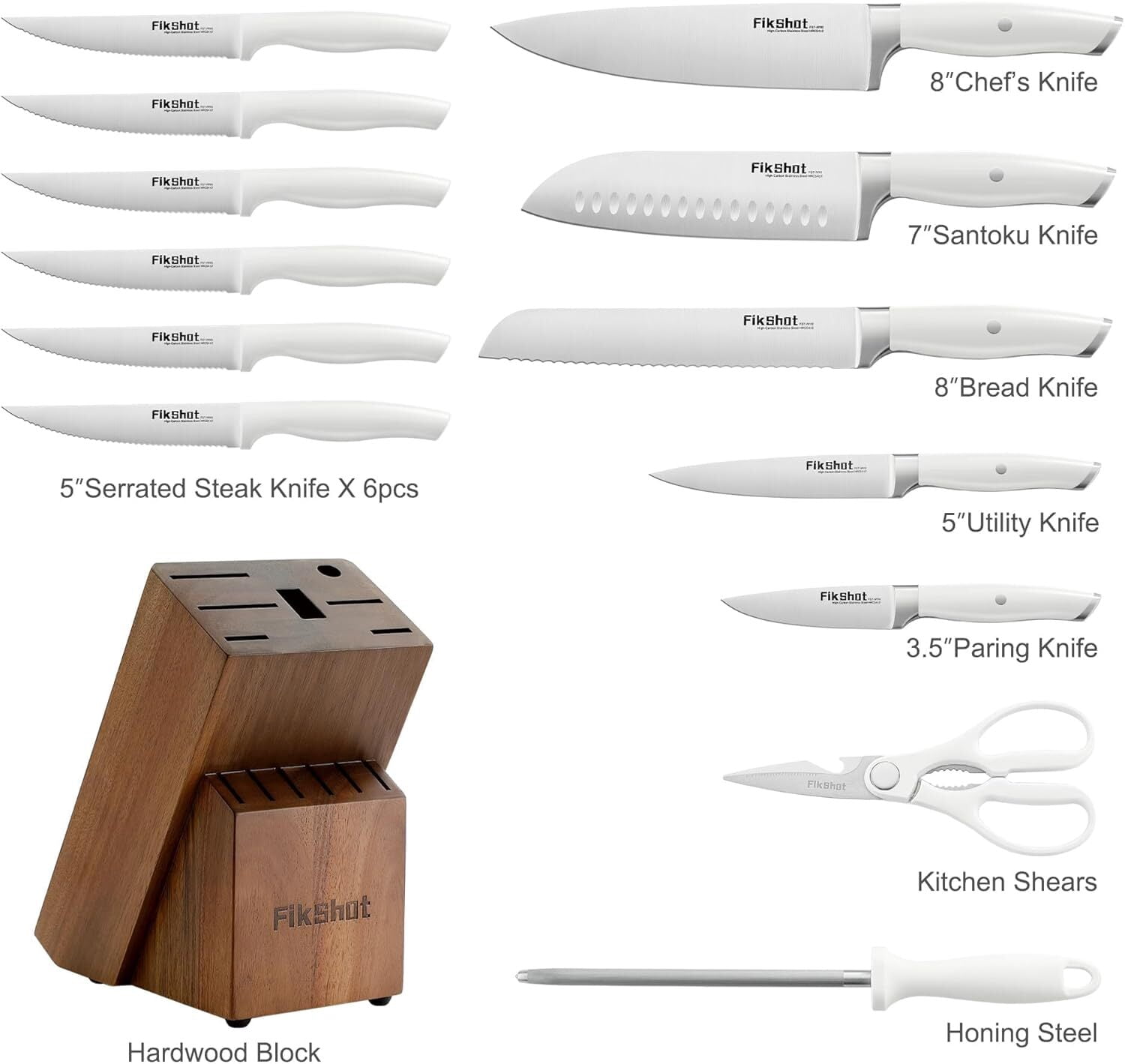 FIKSHOT 14-Piece Kitchen Knife Set with Built-in Sharpener, Professional White Stainless Steel Chef Knives, Dishwasher Safe, Silver