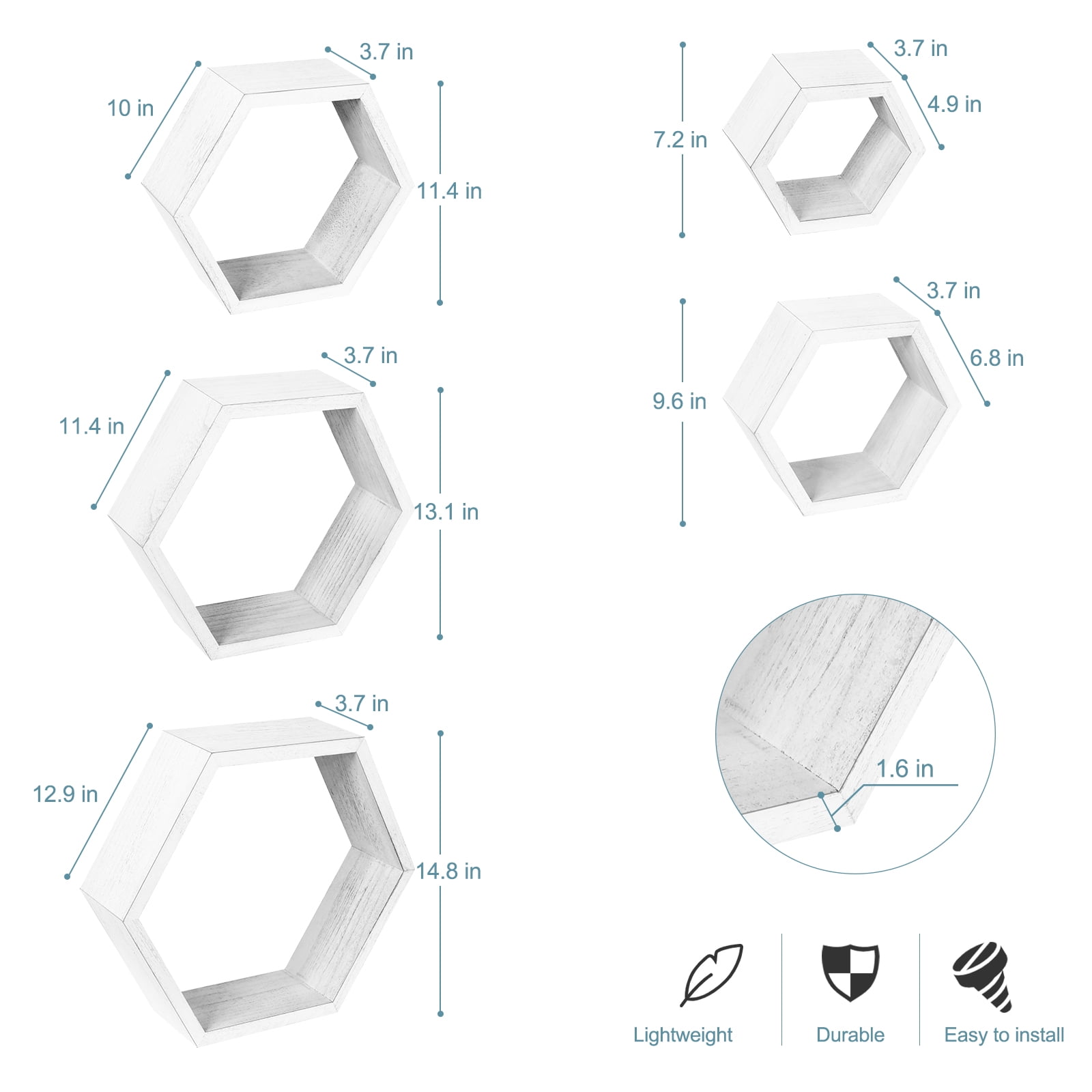 Hexagon Floating Shelves 5 Different Sizes Honeycomb Shelves for Wall, White