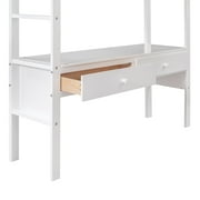 Euroco Full Loft Bed Wood Frame Desk with Drawers and Shelf for Kids Teens, White