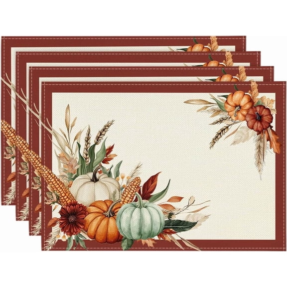 Pumpkin Corn Leaves Fall Placemats Set of 4, 12x18 Inch Seasonal Autumn Thanksgiving Table Mats Kitchen Dining Party Decoration