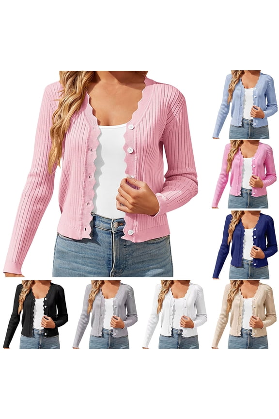 Cropped Cardigan Sweaters for Women Lightweight Long Sleeve Open Front Button Down Cardigan Fall Loose Fit Ribbed Knit Cardigans